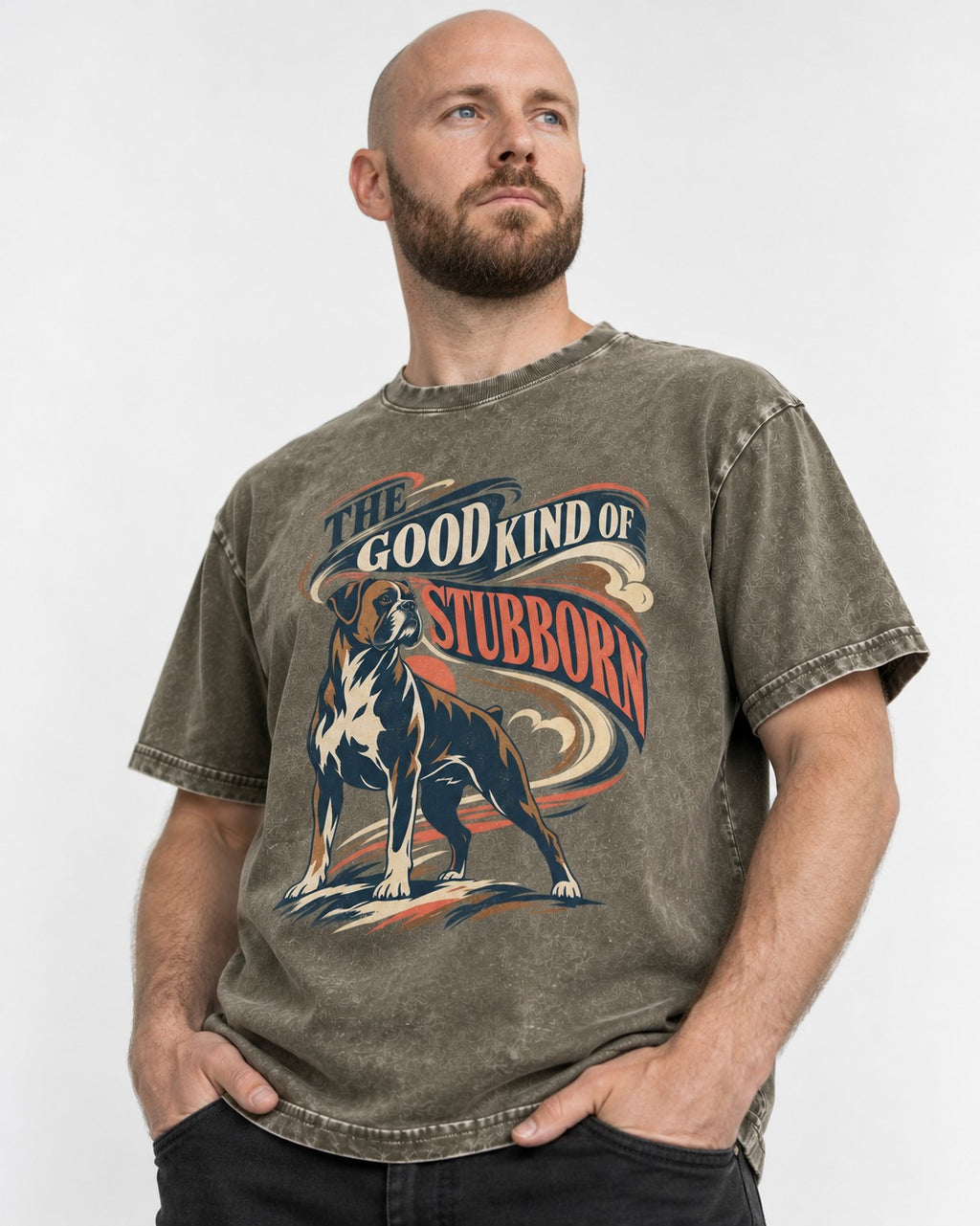 Boxer The Good Kind of Stubborn Washed Tee in Army Green, worn by a model