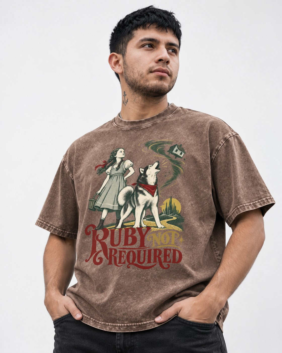 Ruby Not Required for Husky Washed Tee in Coffee, worn by a model