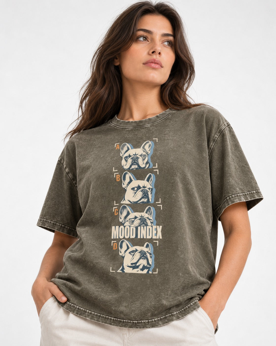 Frenchie Mood Index Four-Panel Strip Graphic Washed Tee in Army Green, worn by a model