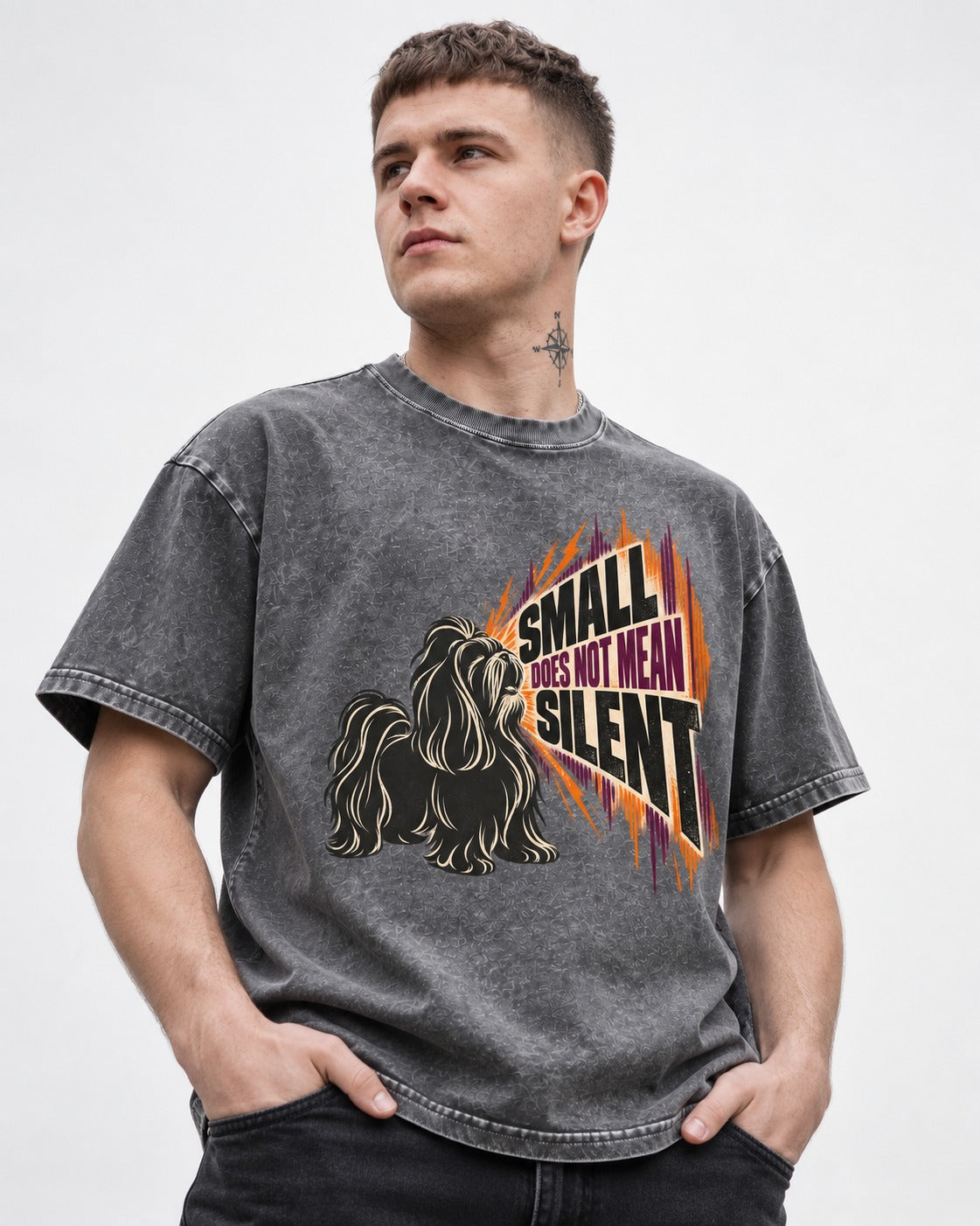 Small Not Silent Shih Tzu Washed Tee in Gray, worn by a model