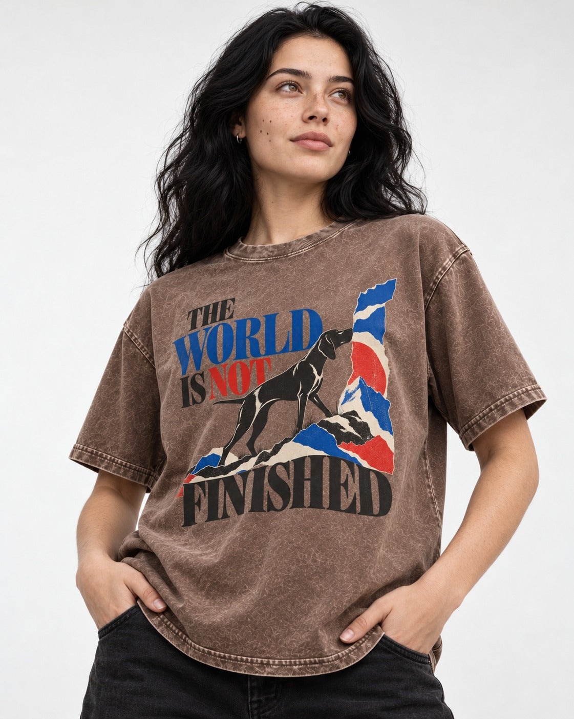World Is Not Finished German Shorthaired Pointer Washed Tee in Coffee, worn by a model