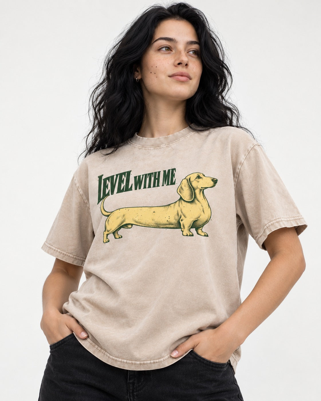 Dachshund Level with Me Washed Tee in Apricot, worn by a model