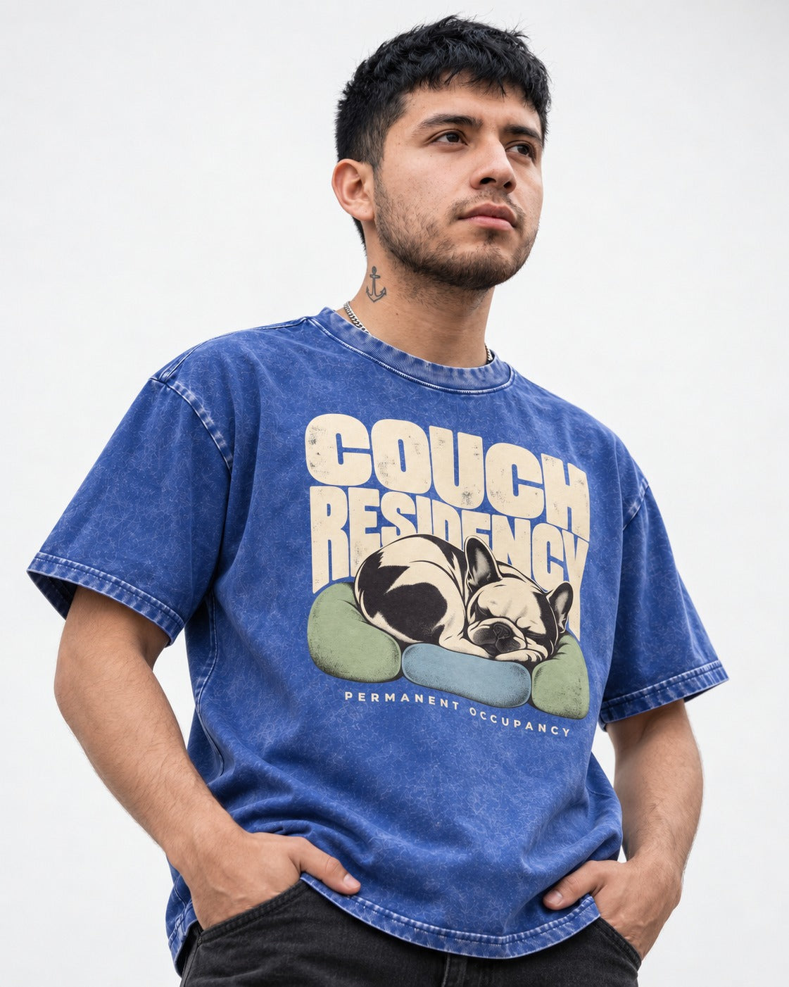 Frenchie Couch Residency Permanent Occupancy Cushion Graphic Washed Tee in Royal Blue, worn by a model