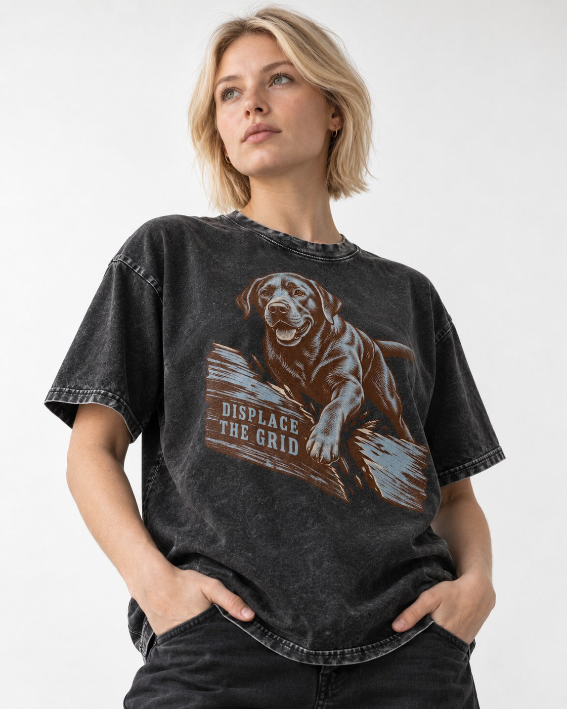 Labrador Retriever Displace the Grid Breaking Plank Graphic Washed Tee in Black, worn by a model