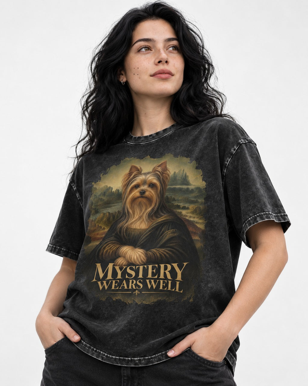 Yorkshire Terrier Mystery Wears Well Mona Lisa Portrait Graphic Washed Tee in Black, worn by a model