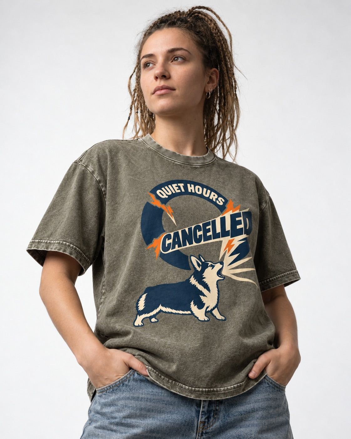 Corgi Quiet Hours Cancelled Calling Badge Graphic Washed Tee in Army Green, worn by a model