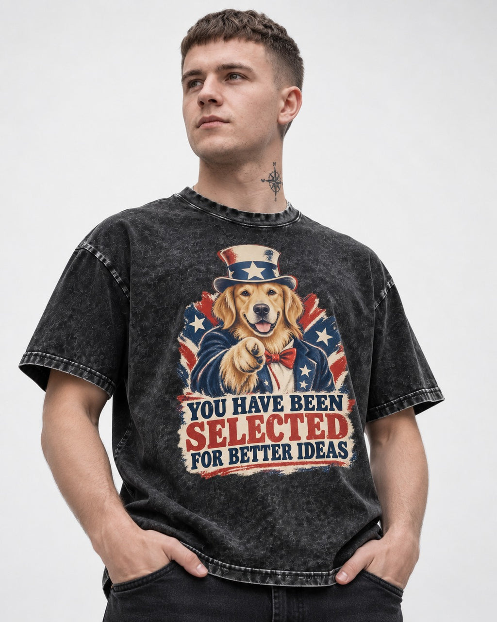 You Have Been Selected for Better Ideas Uncle Sam Golden Retriever Graphic Washed Tee in Black, worn by a model
