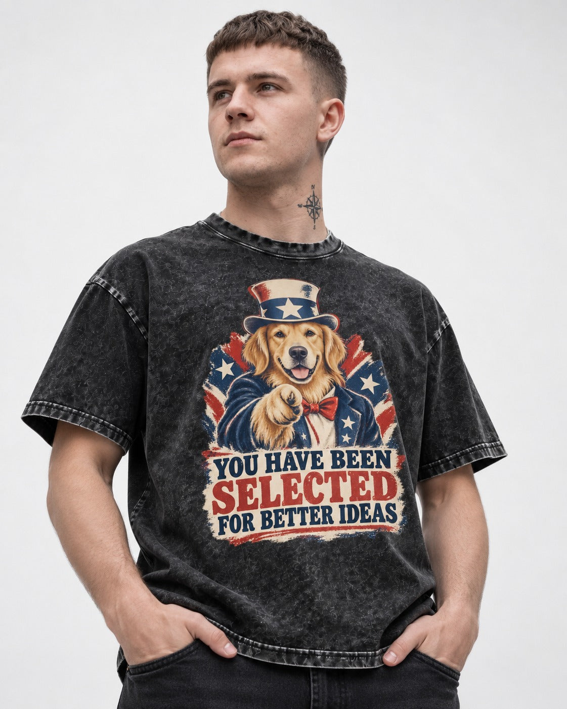You Have Been Selected for Better Ideas Uncle Sam Golden Retriever Graphic Washed Tee in Black, worn by a model