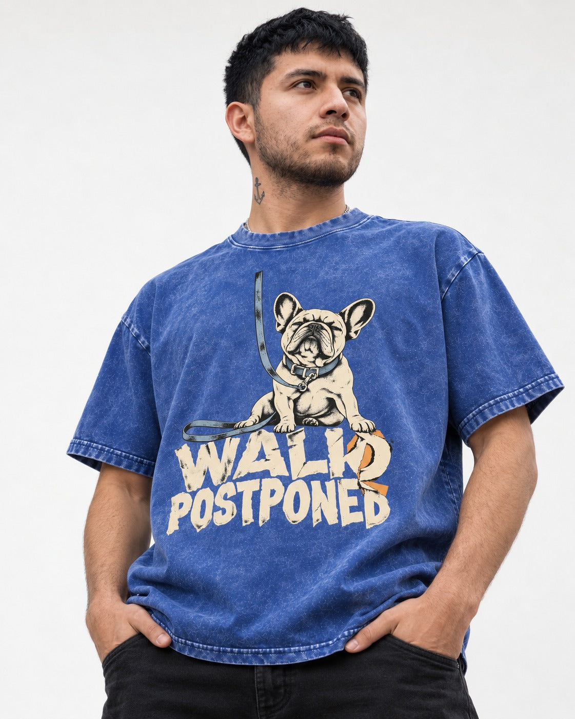 Frenchie Walk Postponed Leash Graphic Washed Tee in Royal Blue, worn by a model