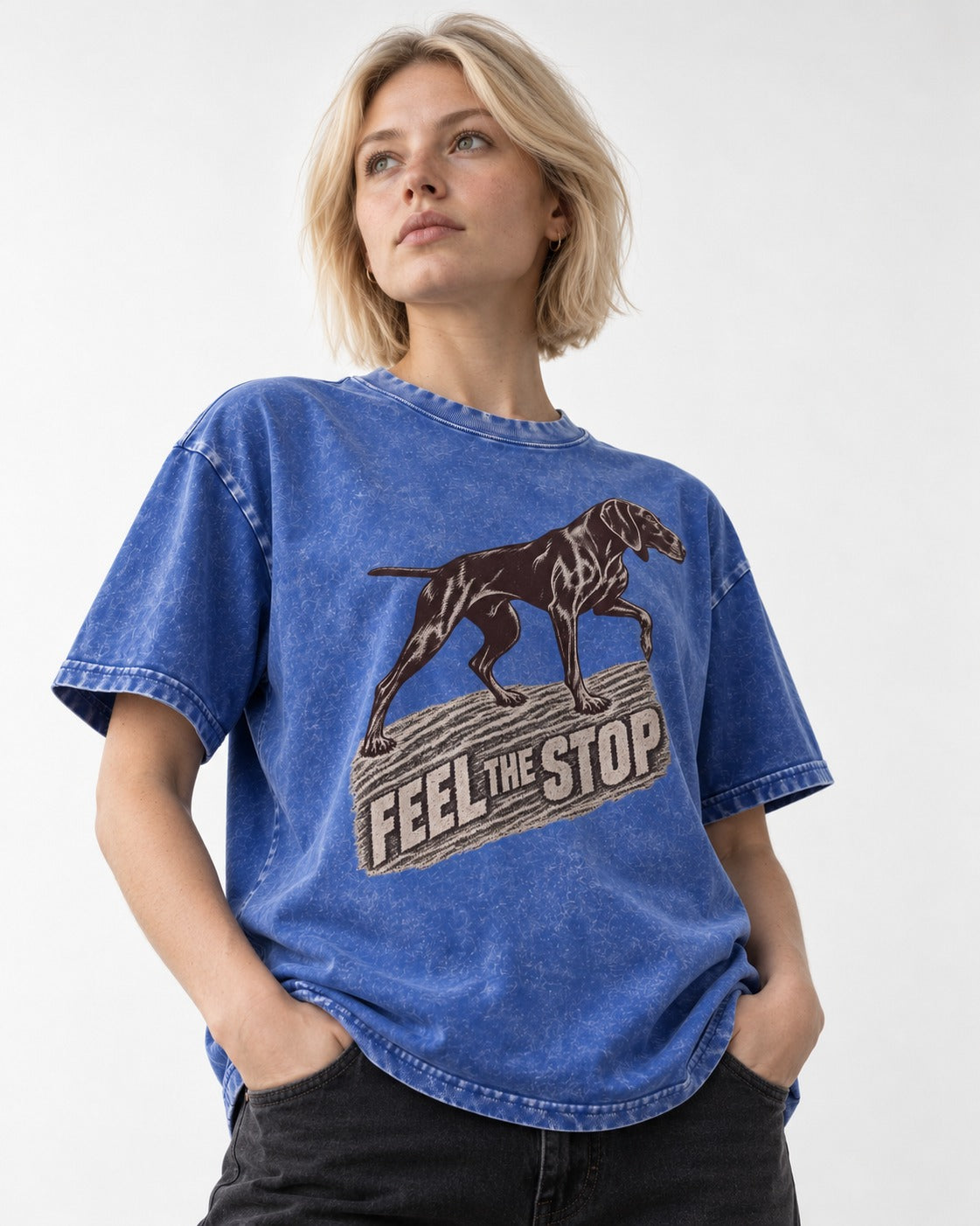 German Shorthaired Pointer Feel The Stop Frottage Graphic Washed Tee in Royal Blue, worn by a model