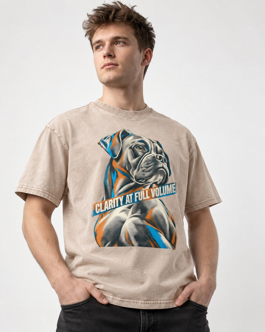 Clarity at Full Volume Boxer Portrait Washed Tee in Apricot, worn by a model