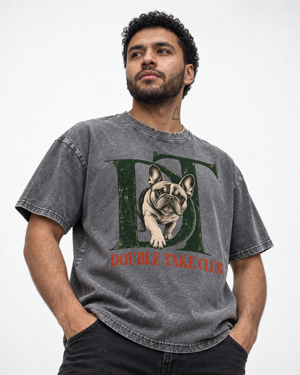 Frenchie Double Take Club Washed Tee in Gray, worn by a model