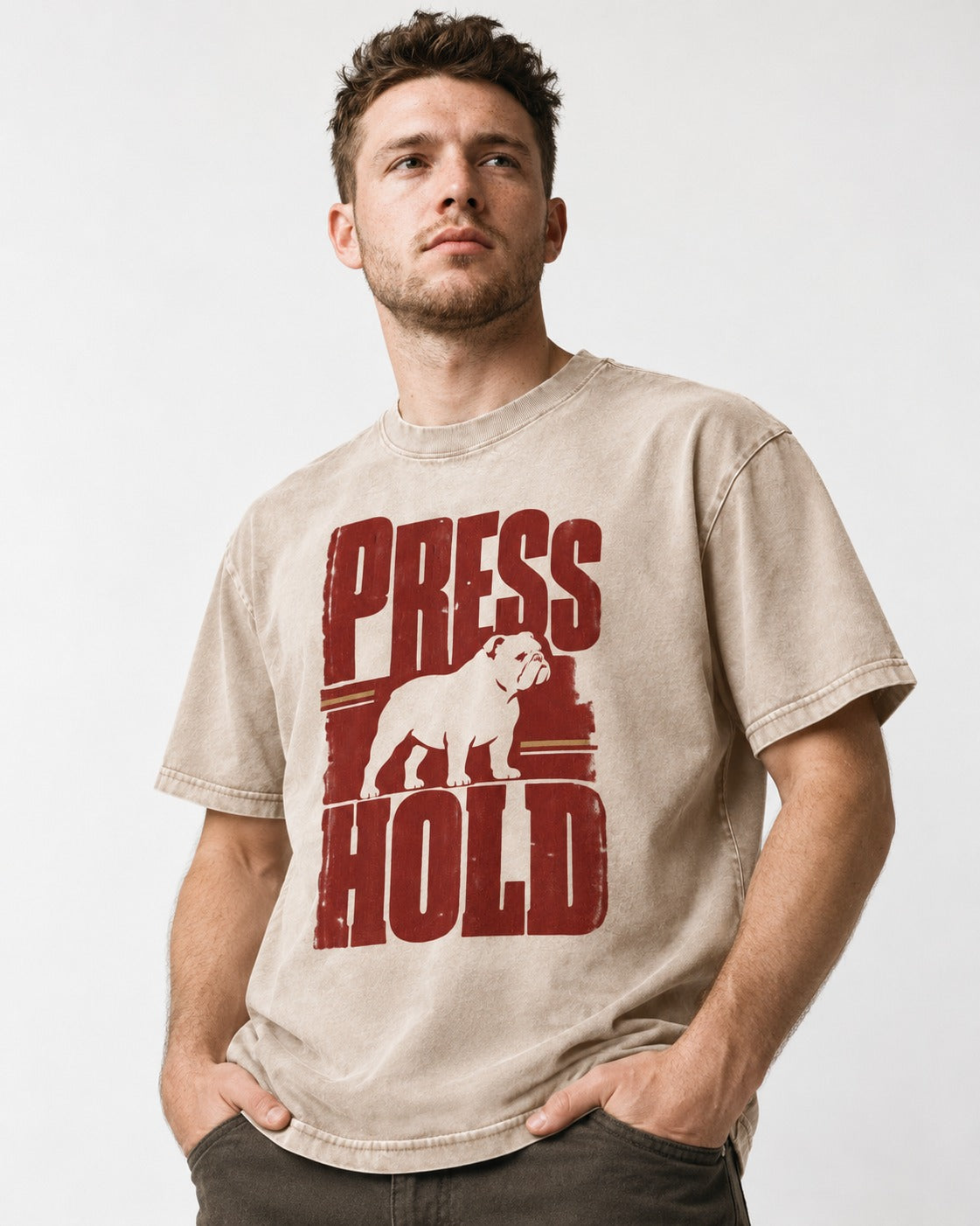 English Bulldog Press and Hold Washed Tee in Apricot, worn by a model