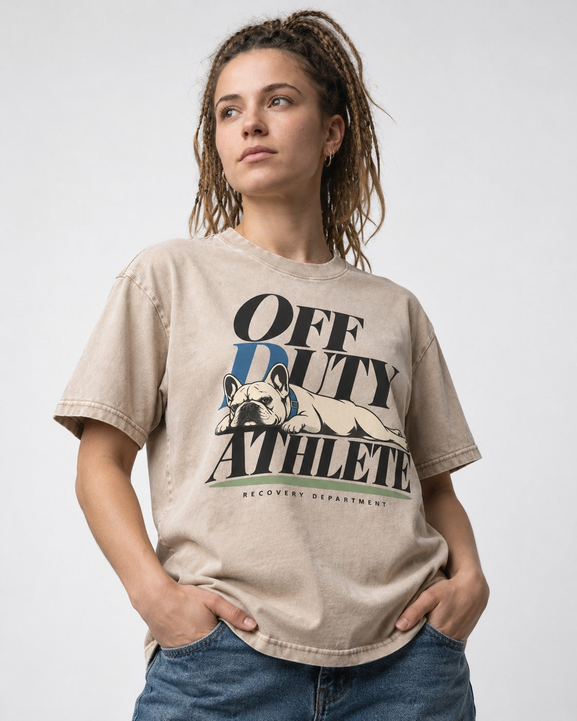 Off Duty Athlete Frenchie Washed Tee in Apricot, worn by a model