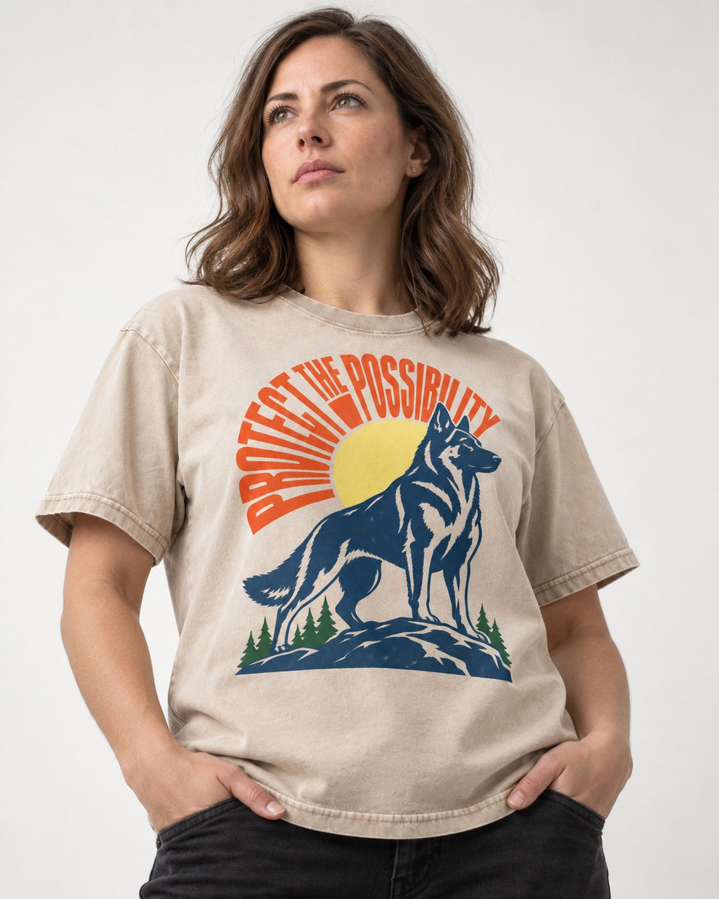 German Shepherd Dog Protect the Possibility Washed Tee in Apricot, worn by a model