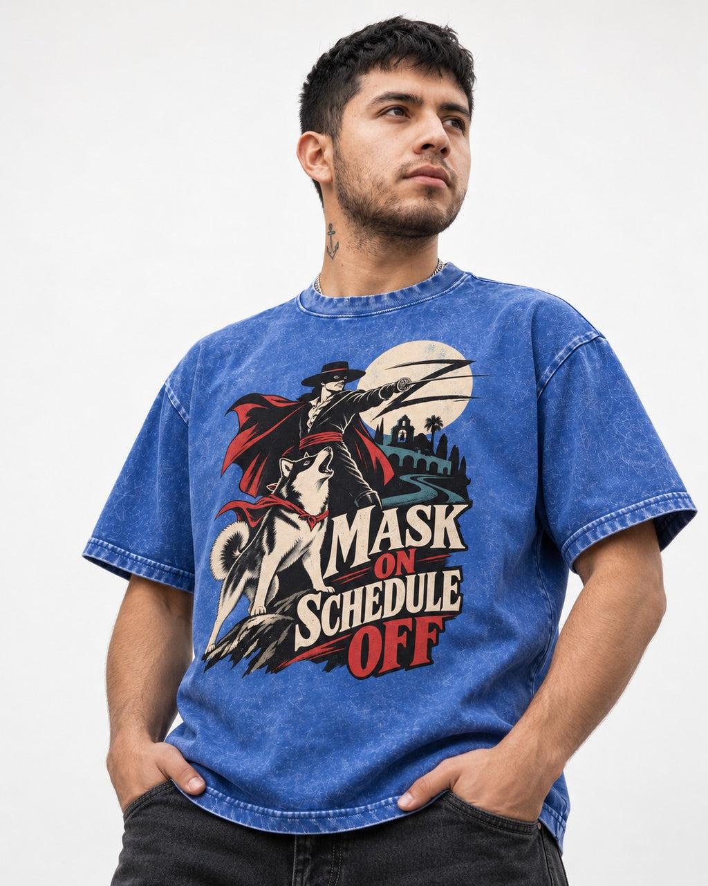 Husky Mask On Schedule Off Masked Swordsman Graphic Washed Tee in Royal Blue, worn by a model