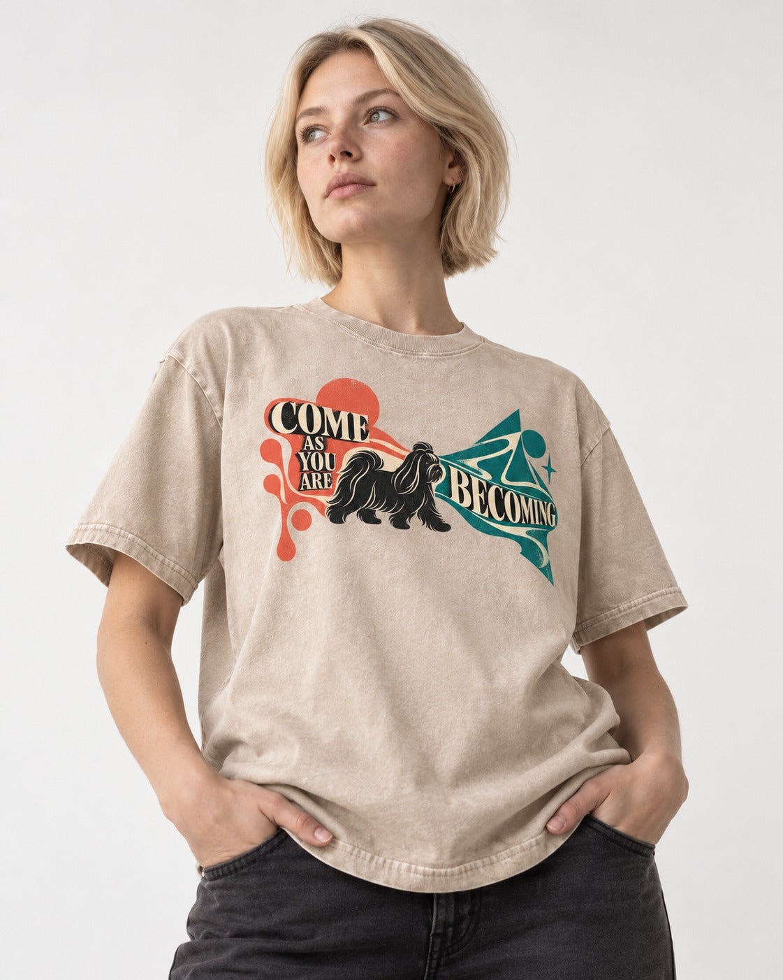 Come as You Are Shih Tzu Washed Tee in Apricot, worn by a model