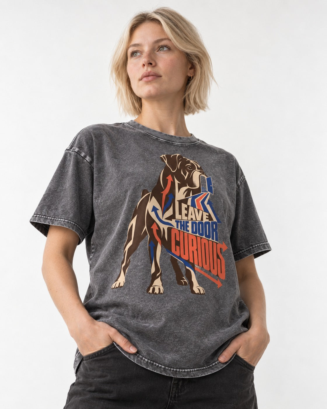 Leave the Door Curious Boxer Doorway Arrow Graphic Washed Tee in Gray, worn by a model
