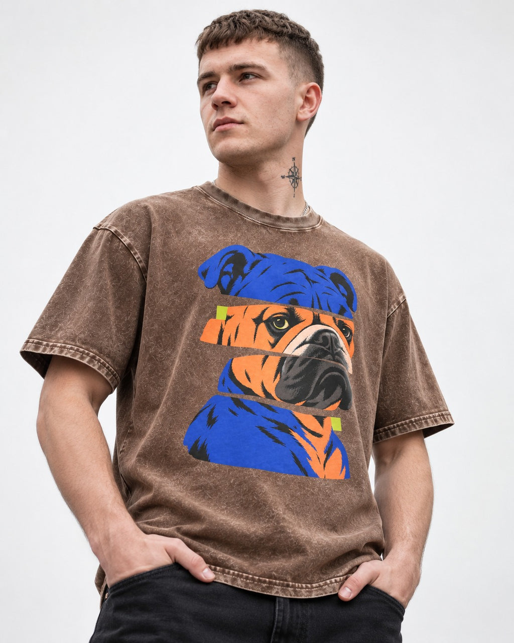 English Bulldog Unbreakable Washed Tee in Coffee, worn by a model