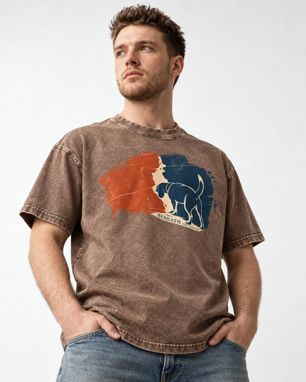 Beagle Beneath The Surface Scent Trail Washed Tee in Coffee, worn by a model