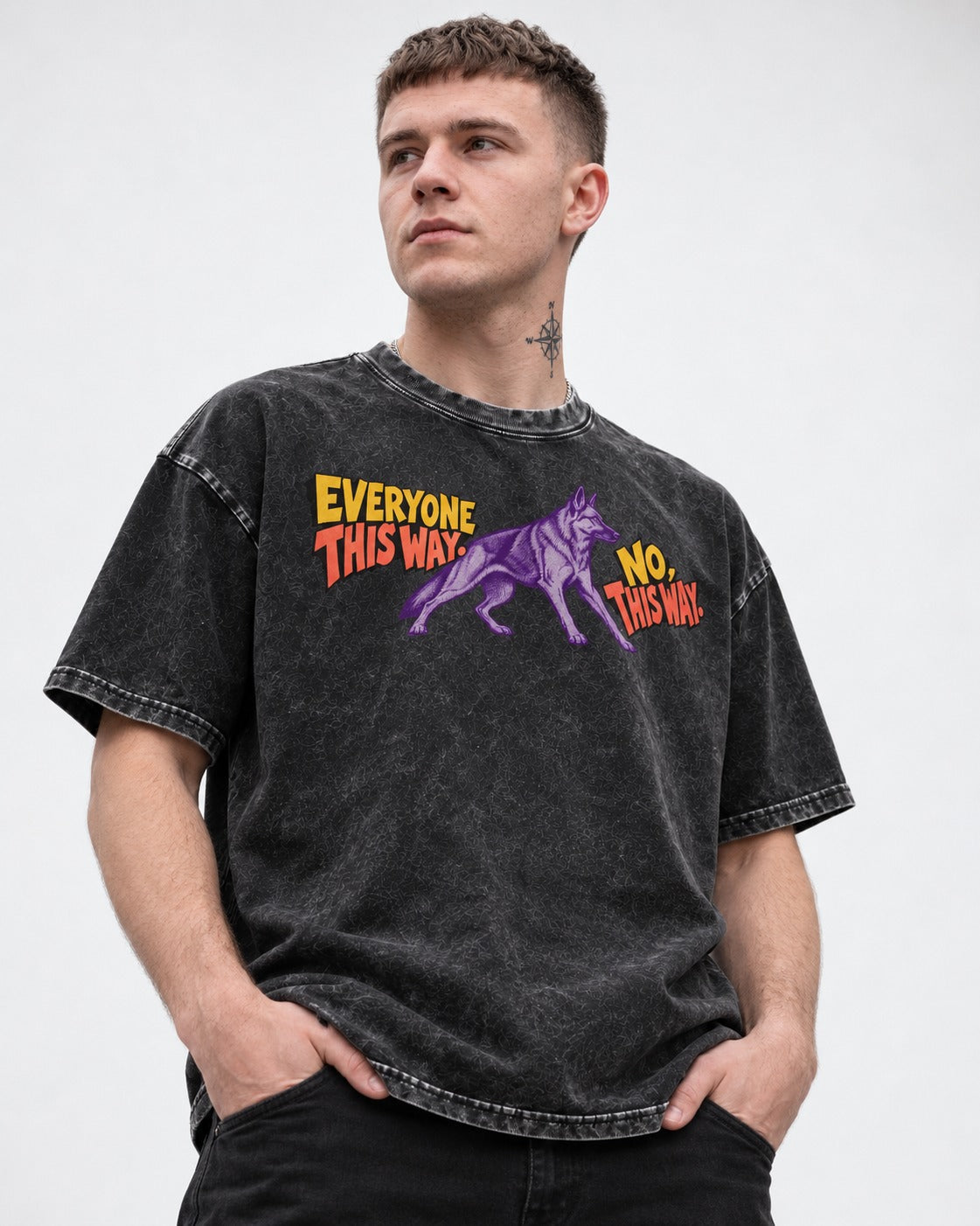 German Shepherd Dog Everyone This Way No This Way Direction Graphic Washed Tee in Black, worn by a model