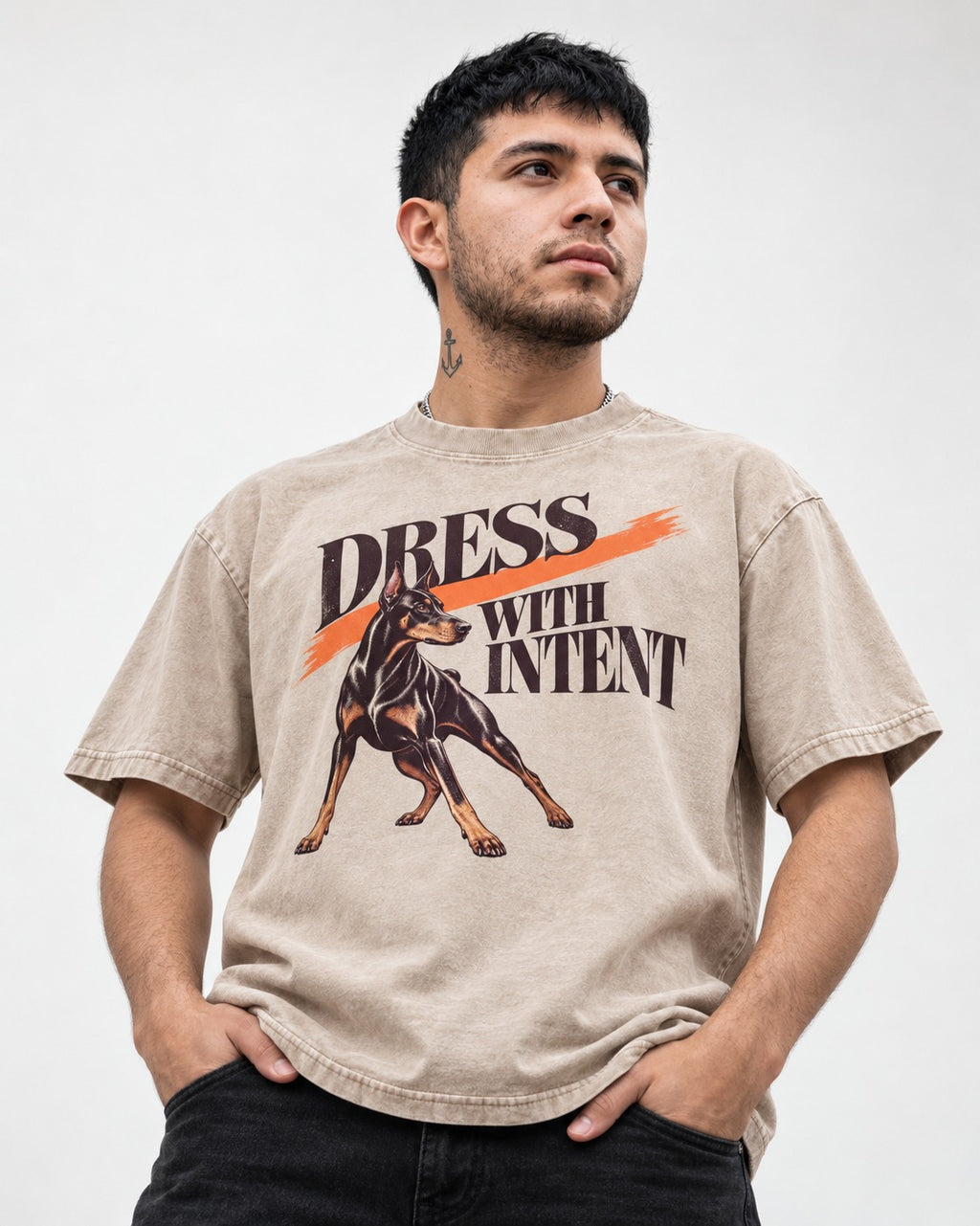 Doberman Dress with Intent Washed Tee in Apricot, worn by a model