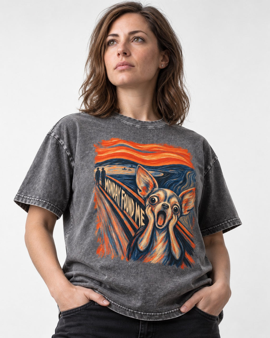 Monday Found Me Chihuahua Scream Path Washed Tee in Gray, worn by a model