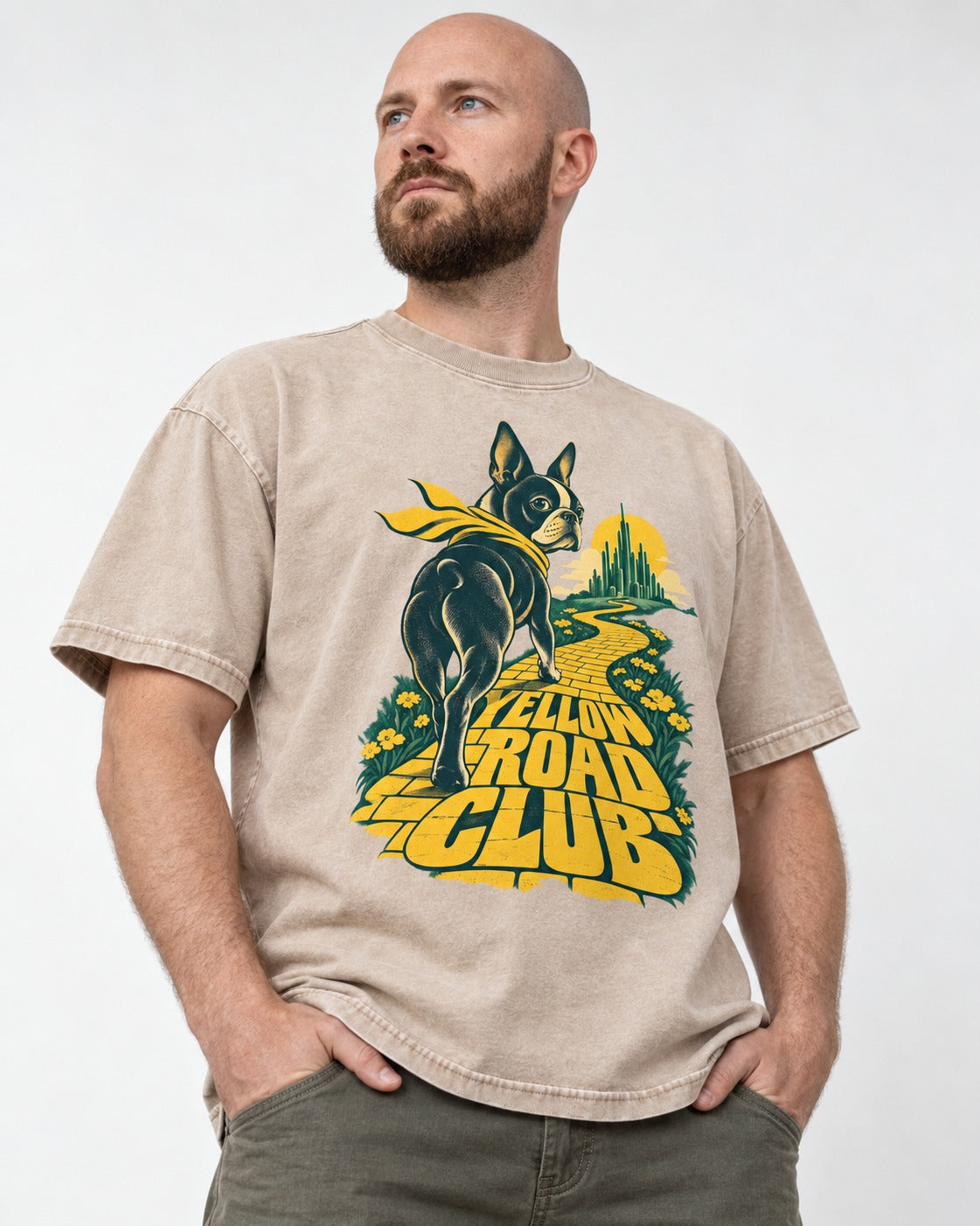 Boston Terrier Yellow Road Club Washed Tee in Apricot, worn by a model