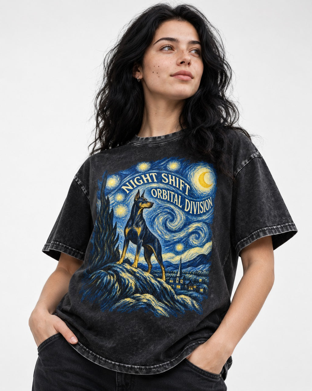 Doberman Night Shift Orbital Division Starry Night Graphic Washed Tee in Black, worn by a model