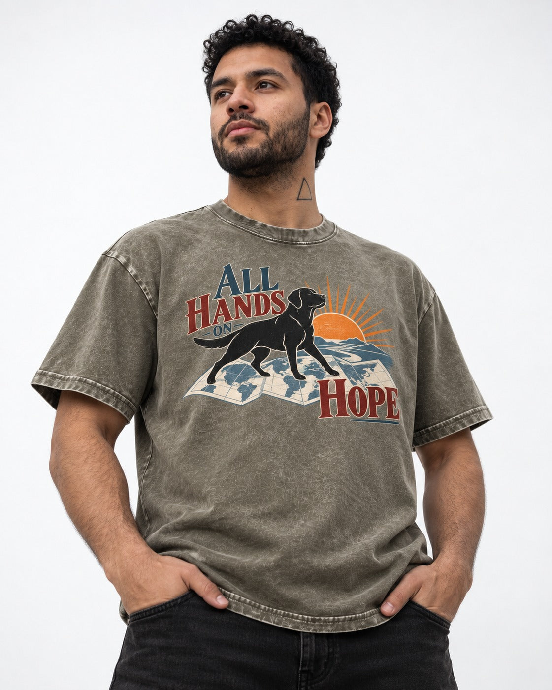 Labrador Retriever All Hands on Hope Map Sunrise Graphic Washed Tee in Army Green, worn by a model