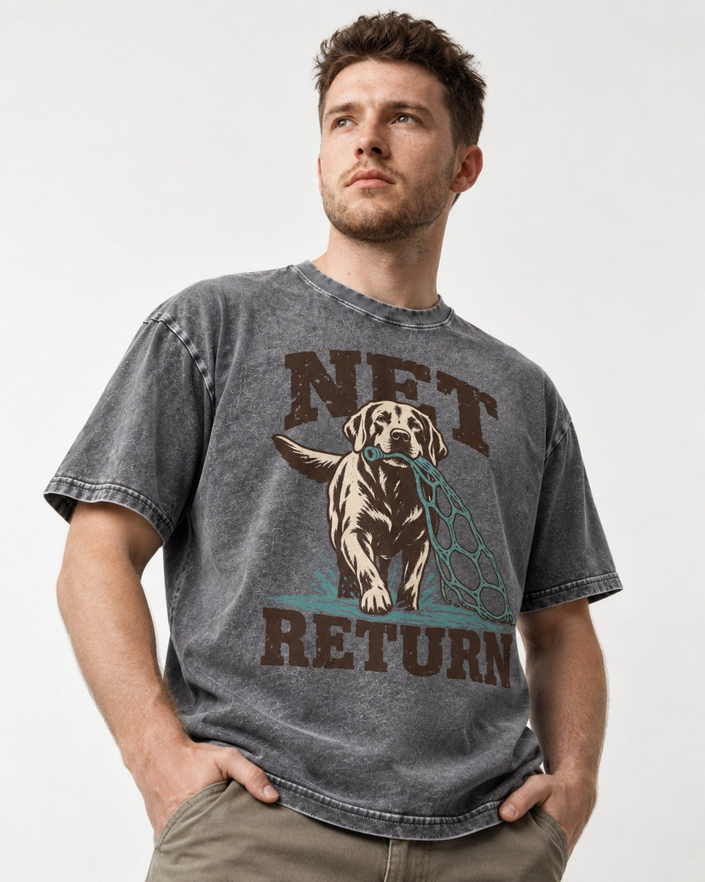 Net Return Labrador Retriever Washed Tee in Gray, worn by a model