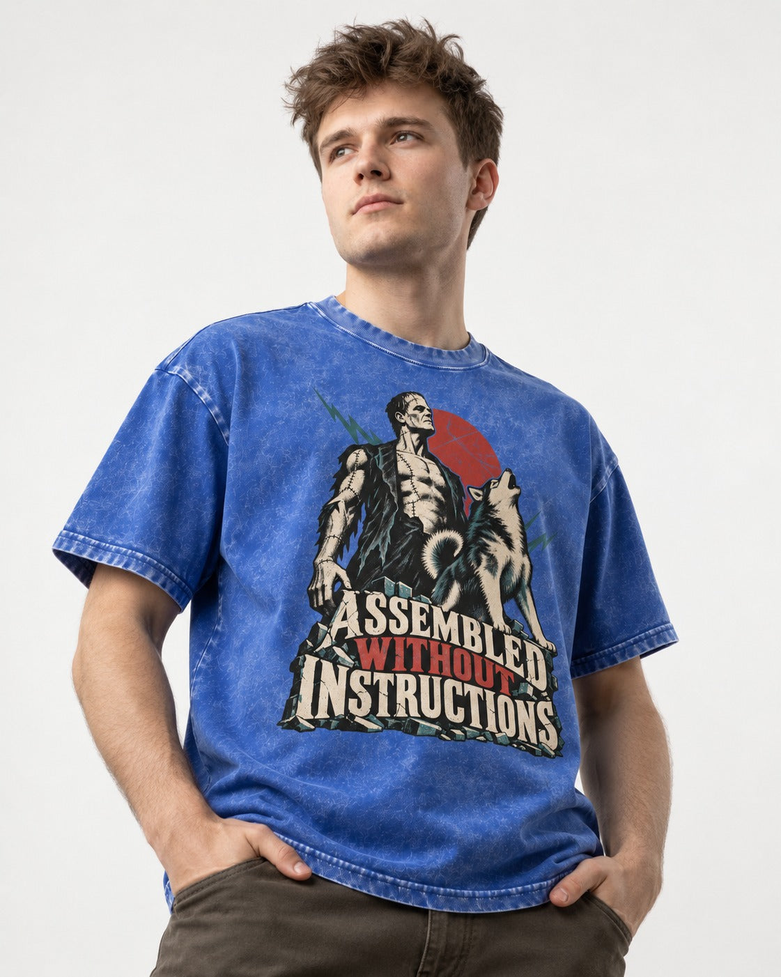 Husky Assembled Without Instructions Frankenstein Graphic Washed Tee in Royal Blue, worn by a model