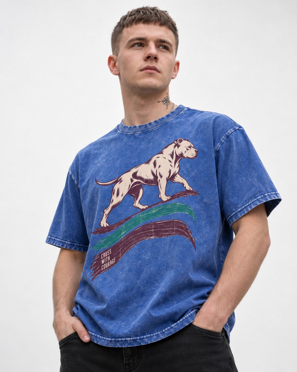 Pitbull Cross with Courage Brushstroke Graphic Washed Tee in Royal Blue, worn by a model