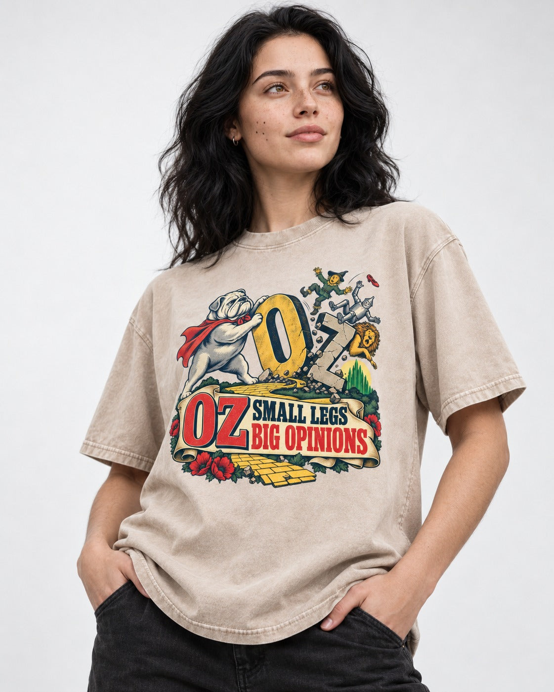 English Bulldog Small Legs Big Opinions Washed Tee in Apricot, worn by a model