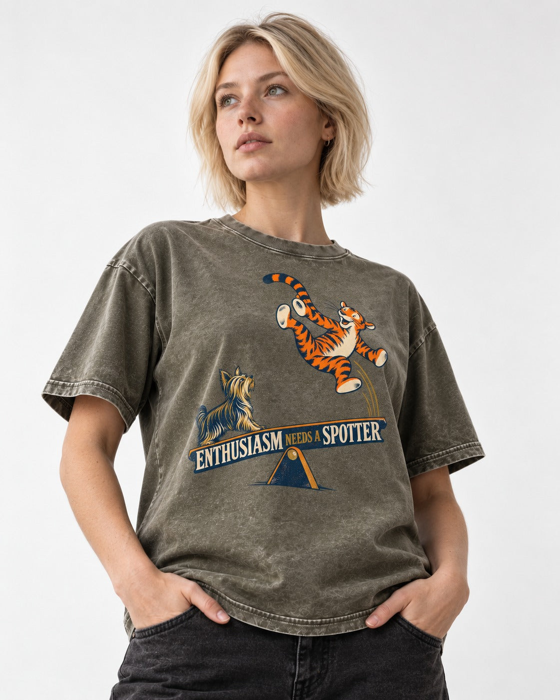 Yorkshire Terrier Enthusiasm Needs a Spotter Seesaw Graphic Washed Tee in Army Green, worn by a model