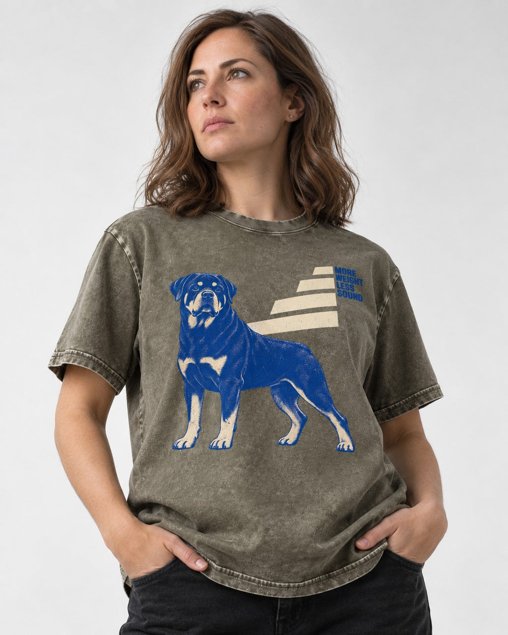 Rottweiler More Weight Less Sound Stair Step Graphic Washed Tee in Army Green, worn by a model