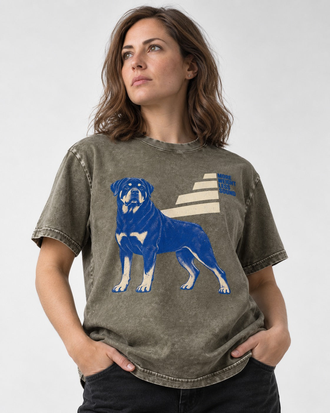 Rottweiler More Weight Less Sound Stair Step Graphic Washed Tee in Army Green, worn by a model