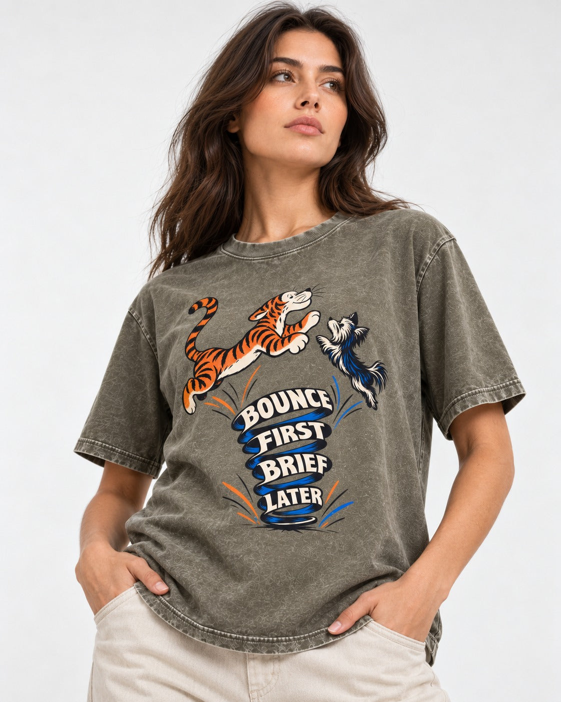 Yorkshire Terrier Bounce First Brief Later Tiger Graphic Washed Tee in Army Green, worn by a model
