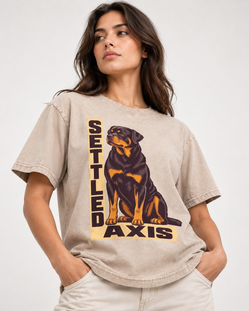 Settled Axis Rottweiler Washed Tee in Apricot, worn by a model