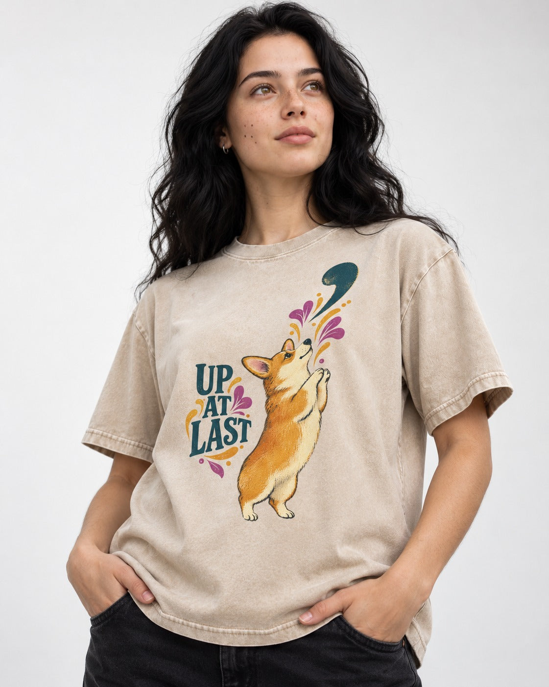 Corgi Up at Last Washed Tee in Apricot, worn by a model