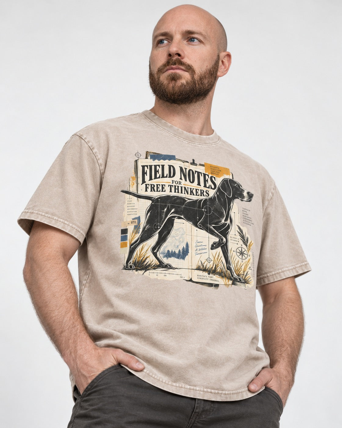 Field Notes for Free Thinkers Collage German Shorthaired Pointer Graphic Washed Tee in Apricot, worn by a model
