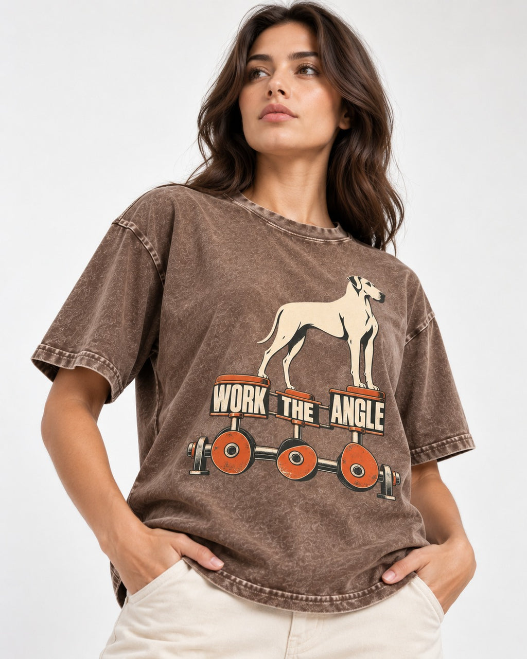 Great Dane Work the Angle Washed Tee in Coffee, worn by a model
