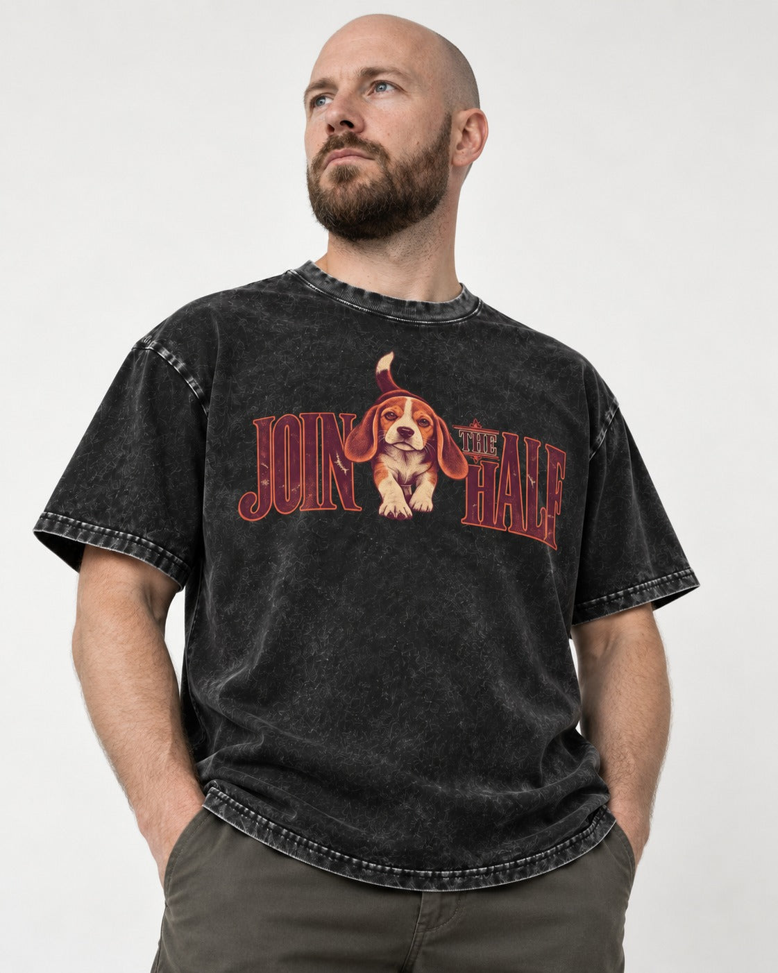 Beagle Join The Half Washed Tee in Black, worn by a model