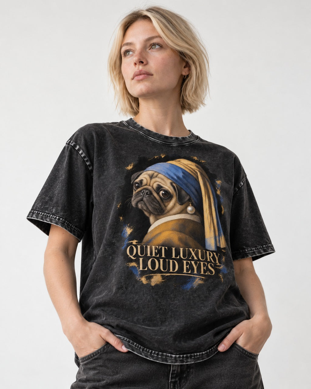 Pug Quiet Luxury Loud Eyes Pearl Portrait Graphic Washed Tee in Black, worn by a model
