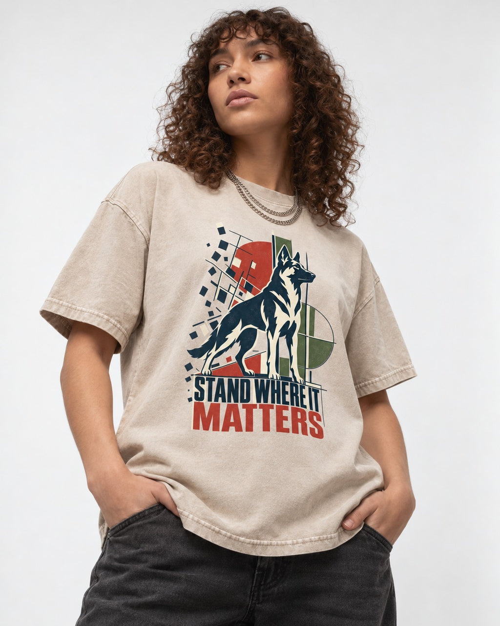 Stand Where It Matters German Shepherd Dog Washed Tee in Apricot, worn by a model