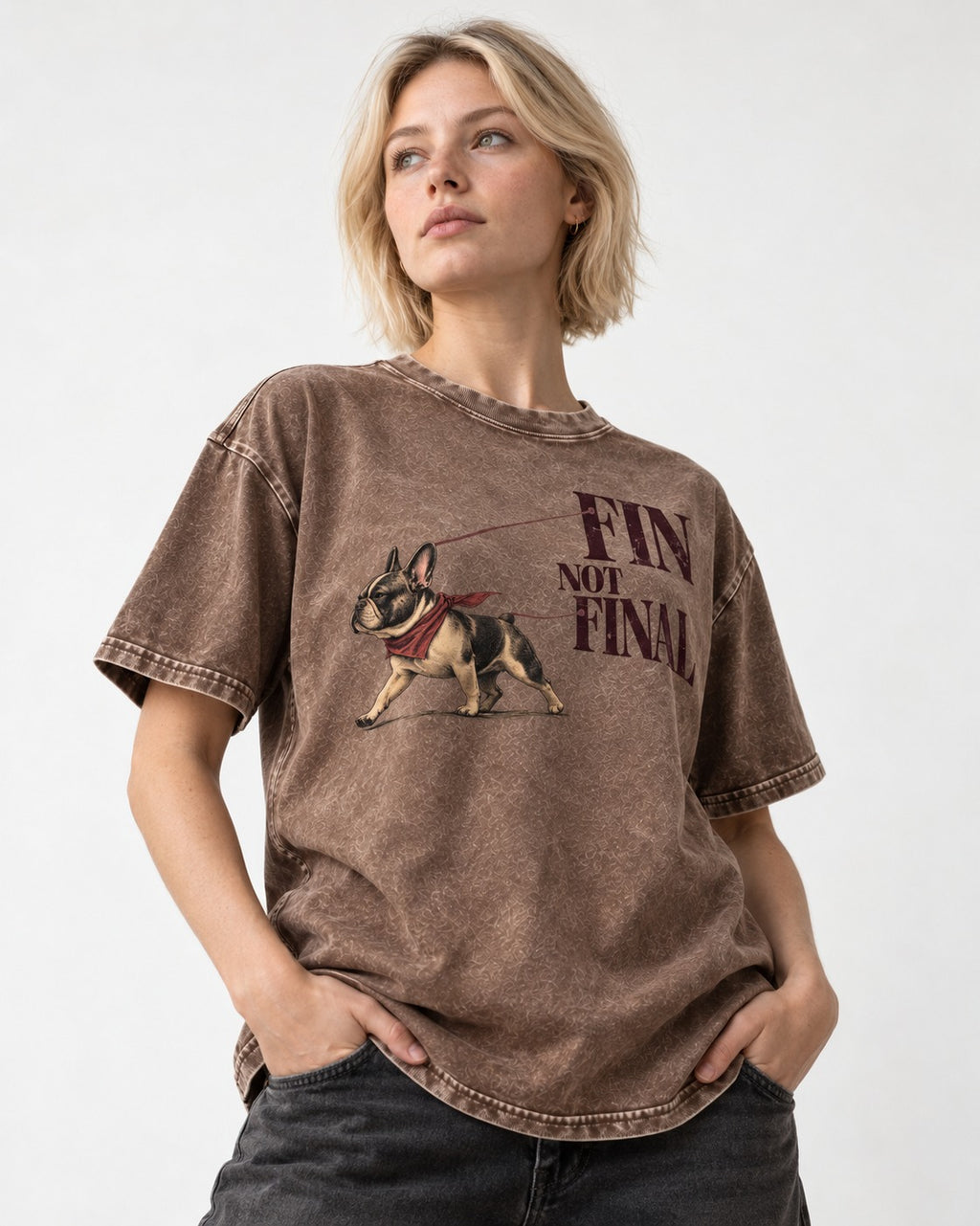 Frenchie Fin Not Final Washed Tee in Coffee, worn by a model