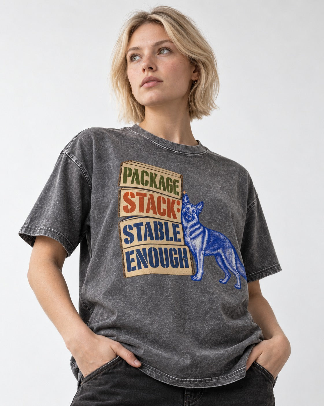 Package Stack Stable Enough German Shepherd Dog Washed Tee in Gray, worn by a model
