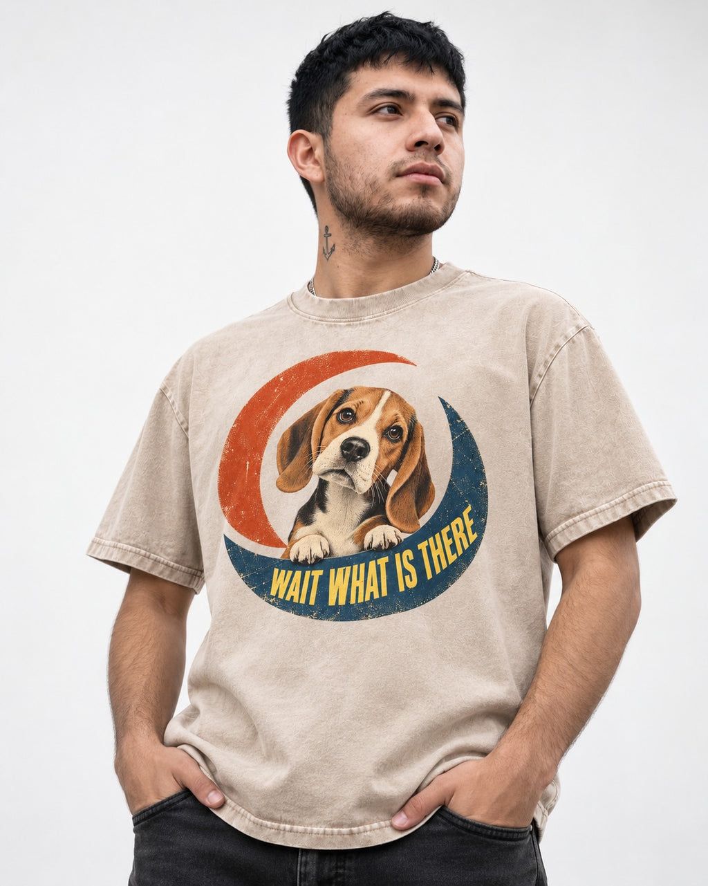 Wait What Is There Beagle Crescent Washed Tee in Apricot, worn by a model