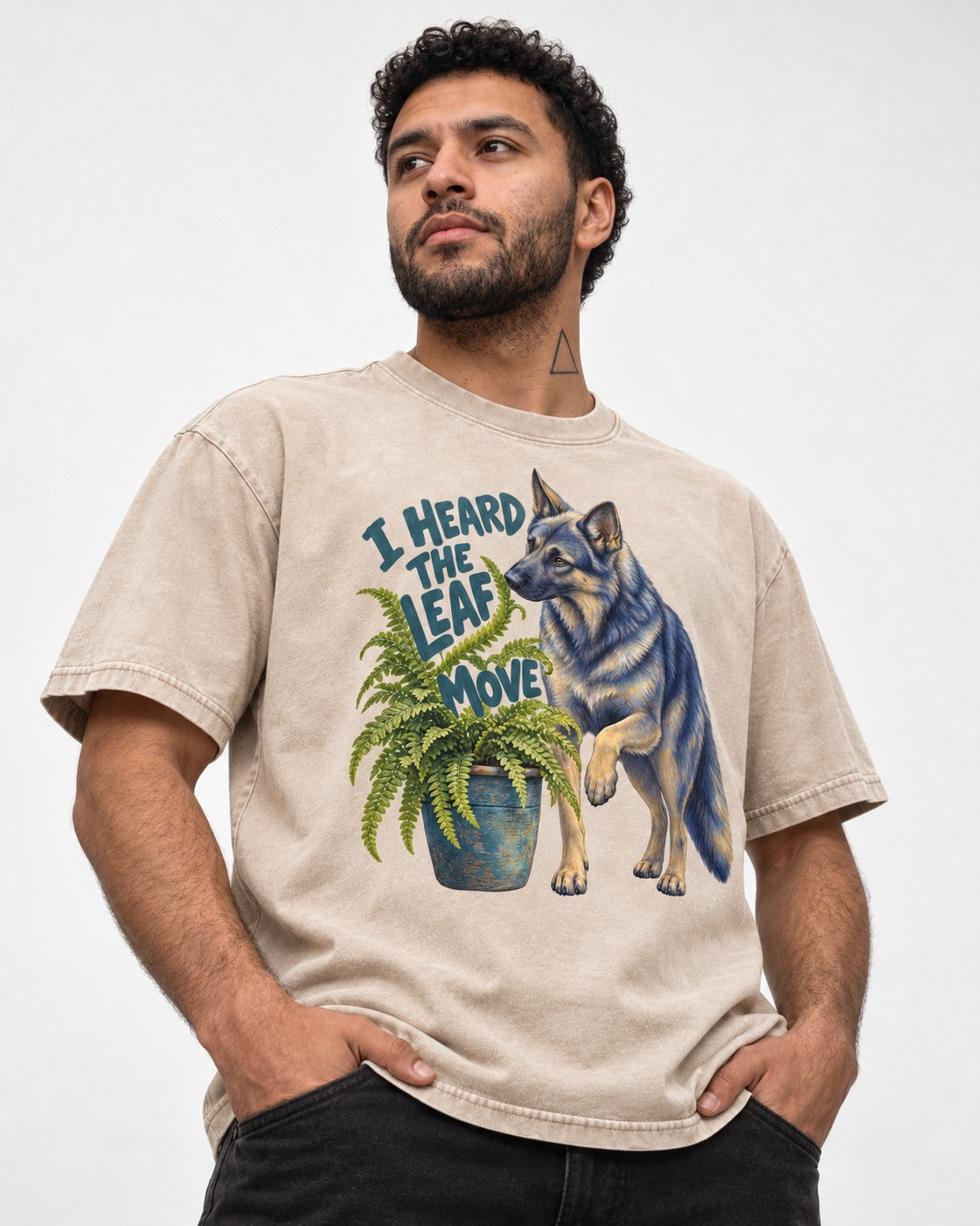 German Shepherd Dog Heard the Leaf Move Washed Tee in Apricot, worn by a model