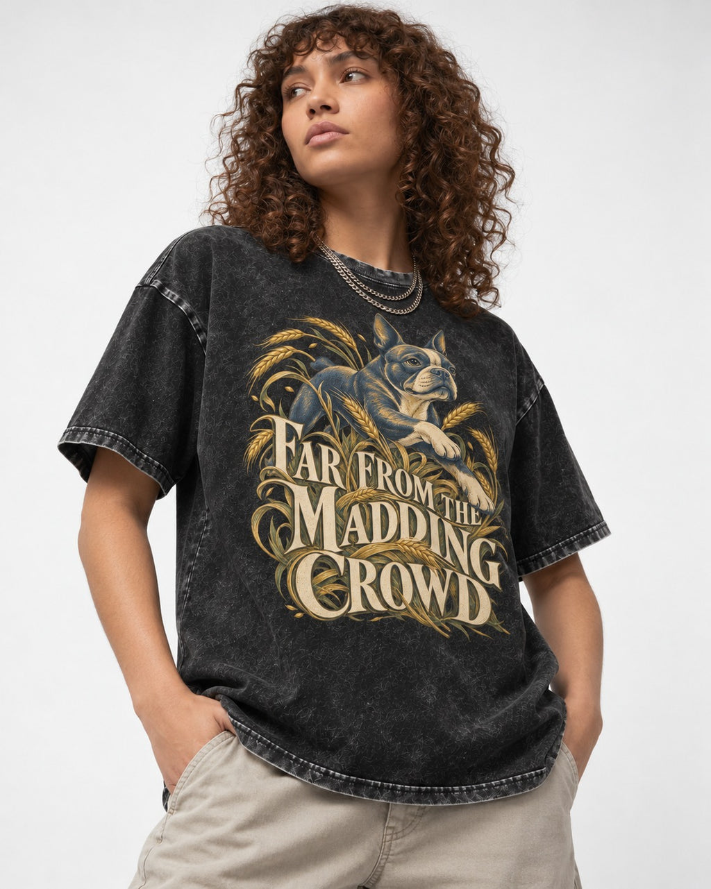 Far From the Madding Crowd Boston Terrier Washed Tee in Black, worn by a model